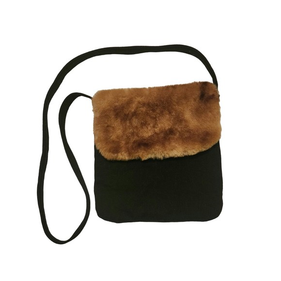 Barbara Davis Handbags - Barbara Davis Original Womens Crossbody Bag Black Denim Brown Faux Fur 9" x 9"